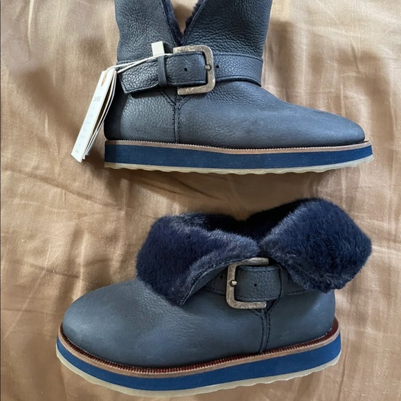 Zara Leather Navy Fur Lined Boots with Buckle - Picture 3 of 6